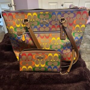 Coach Multicolor Signature Rainbow Canvas Tote with Wallet